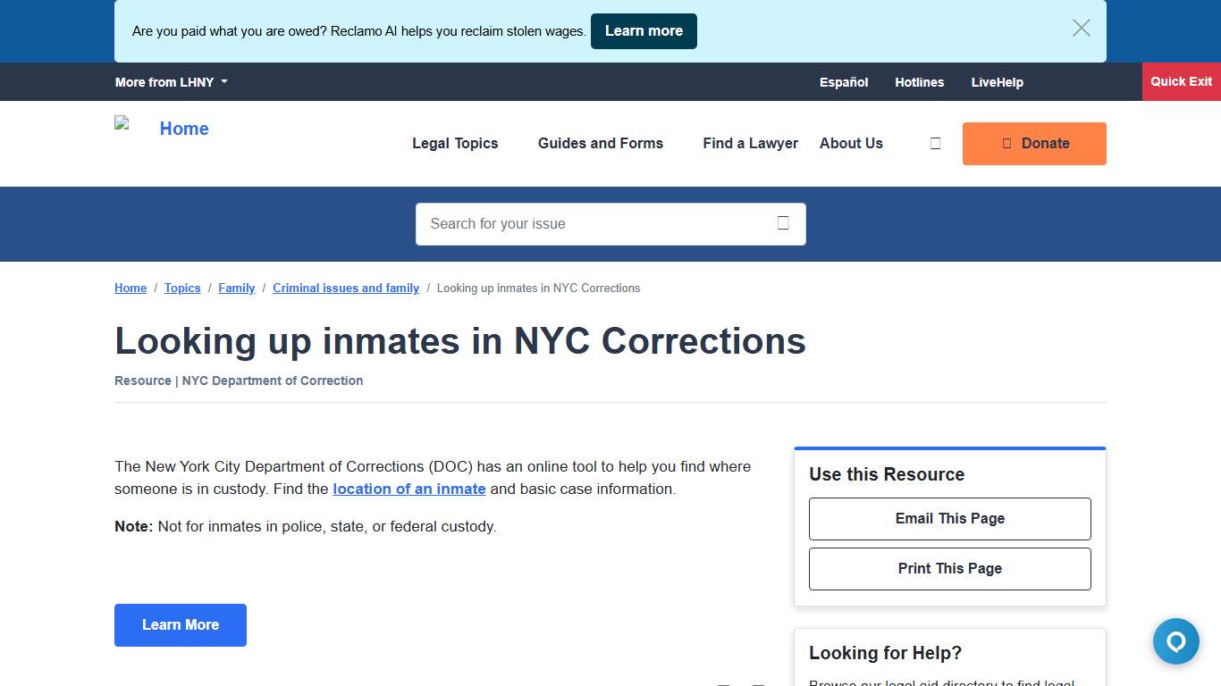 Looking up inmates in NYC Corrections LawHelpNY